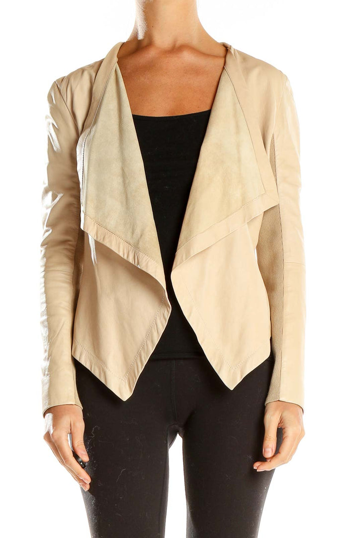 Front view of Halogen beige draped open front jacket on model