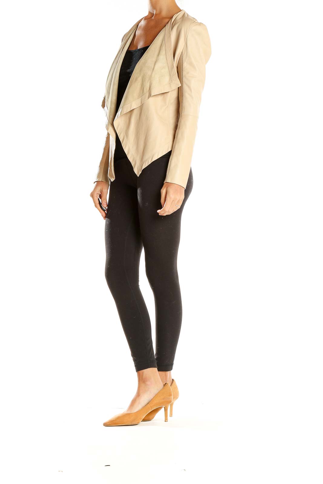 Front view of Halogen beige draped open front jacket on model