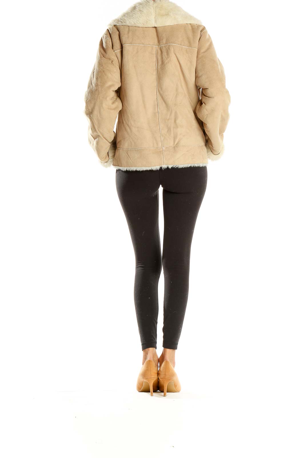 Side view of beige Coldwater Creek coat showing toggle closures and faux fur trim