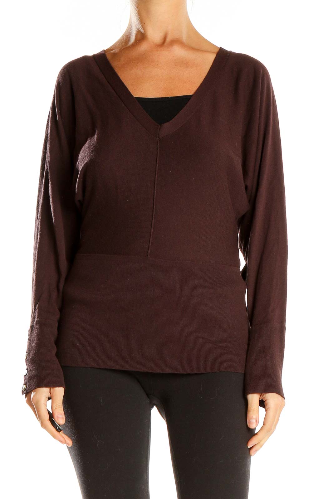 Front view of LOFT brown V-neck long sleeve knit sweater on model