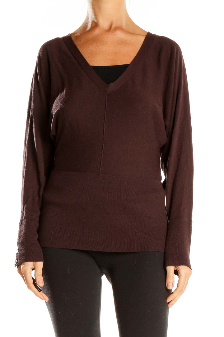 Front view of LOFT brown V-neck long sleeve knit sweater on model