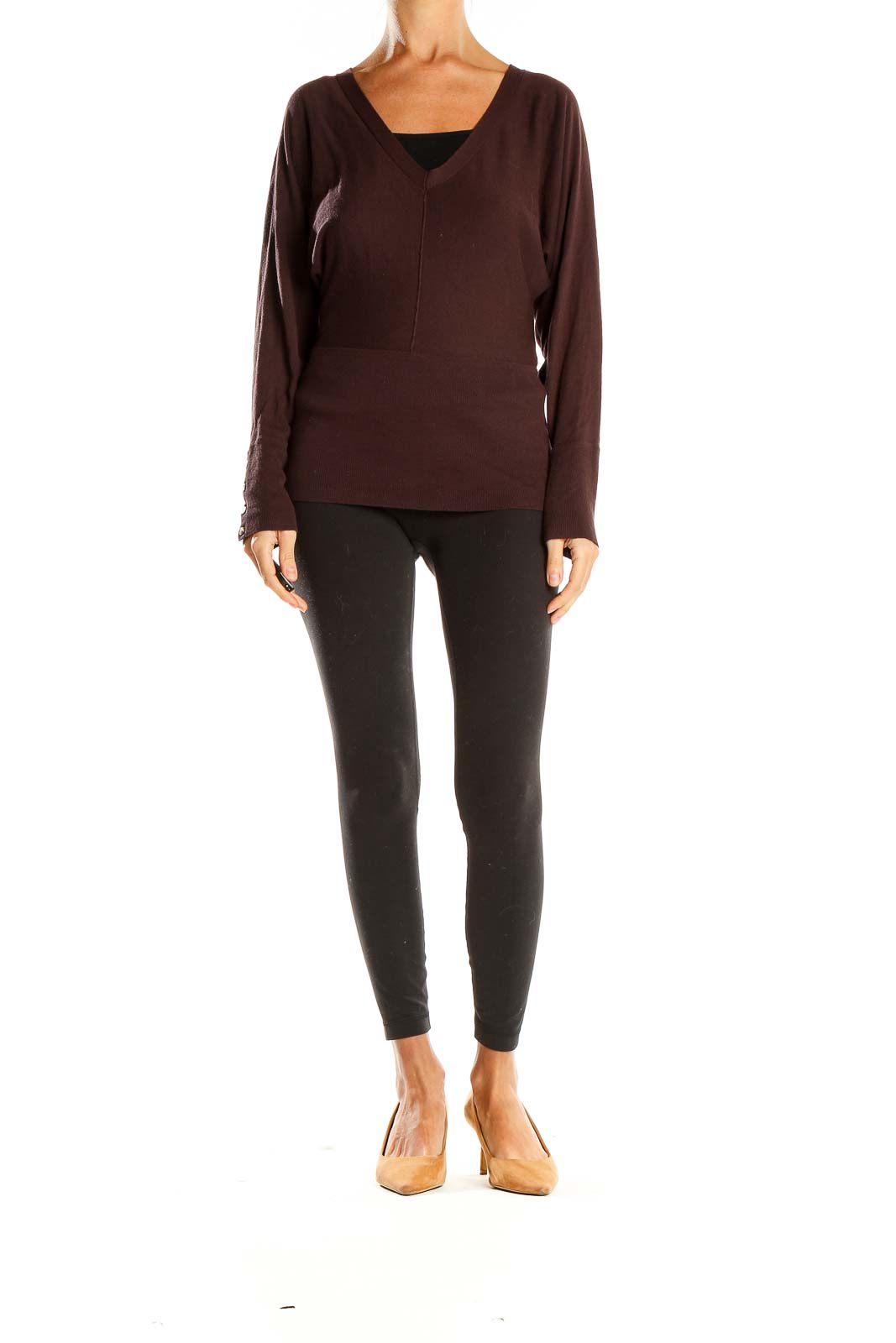 Front view of LOFT brown V-neck long sleeve knit sweater on model