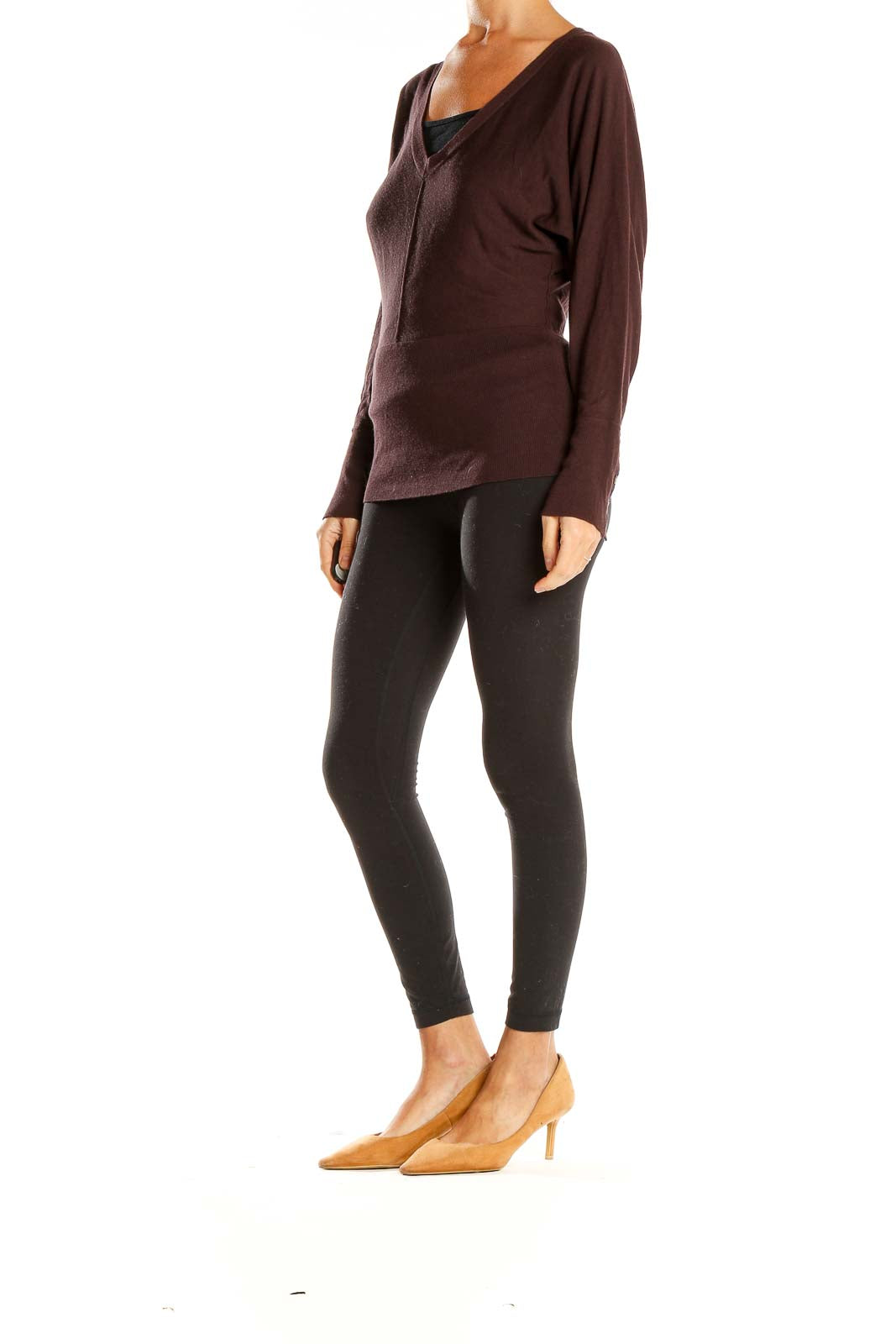 Front view of LOFT brown V-neck long sleeve knit sweater on model