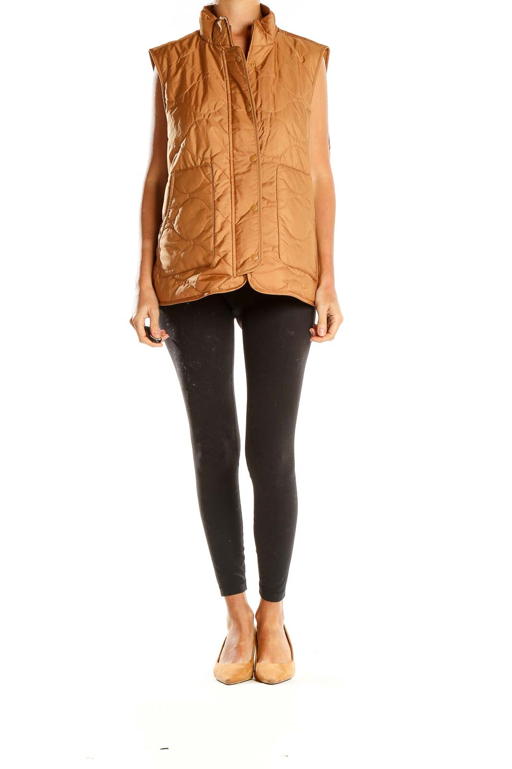 Front view of Croft & Barrow camel quilted puffer vest