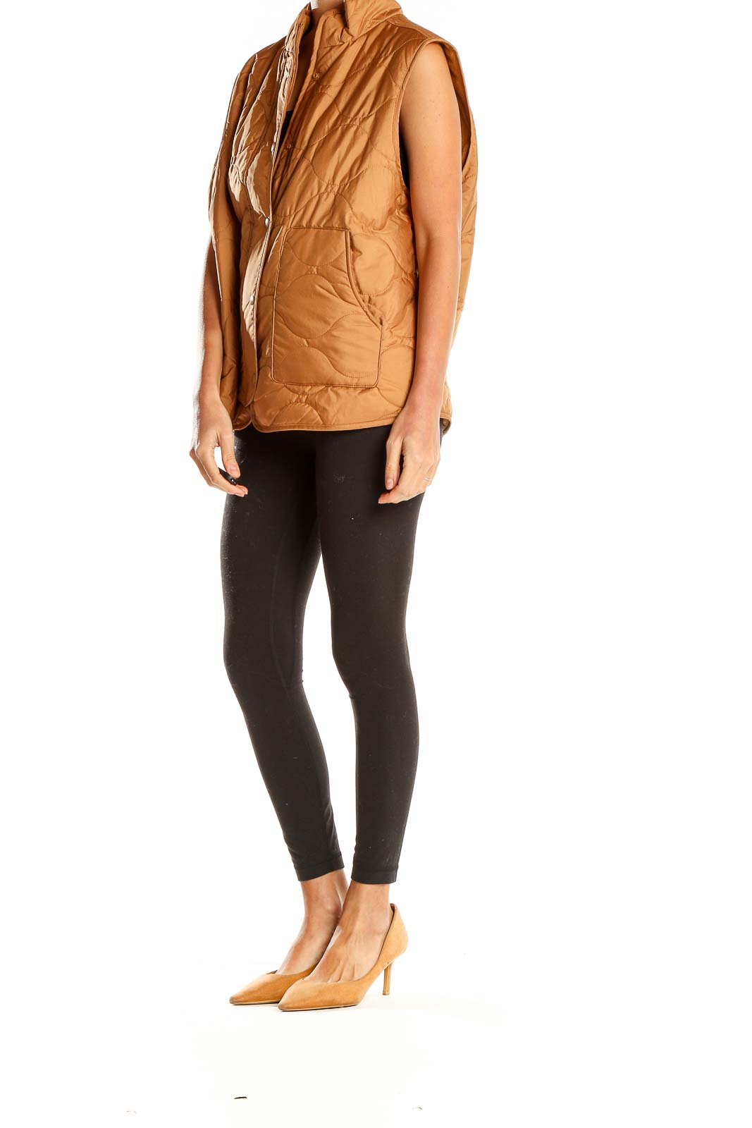 Front view of Croft & Barrow camel quilted puffer vest