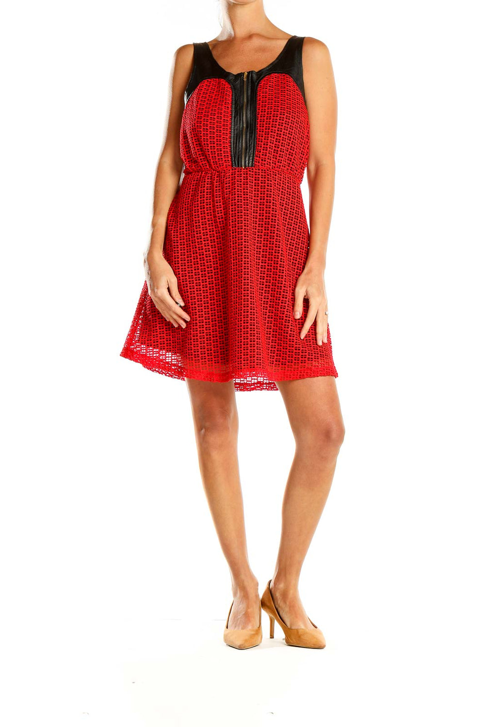 Front view of red lace cocktail dress with black contrast panels