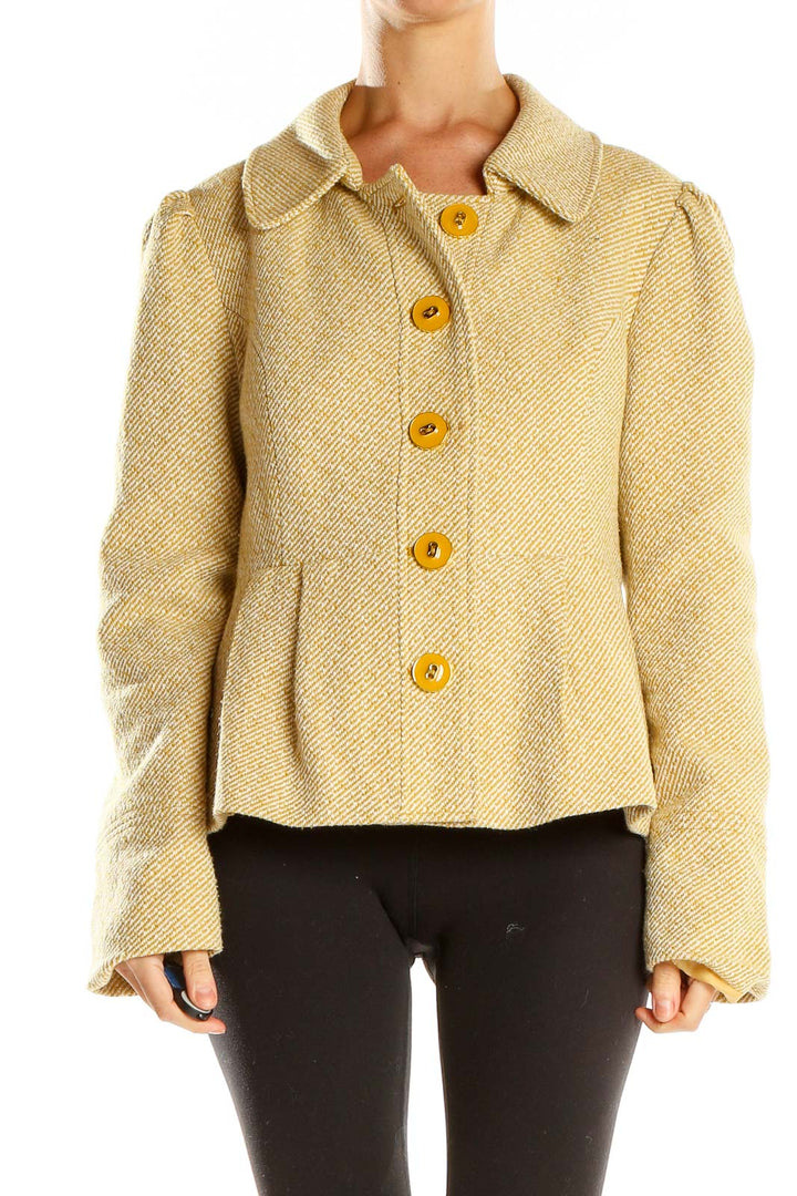 Front view of Tabitha beige textured button-up jacket with yellow buttons