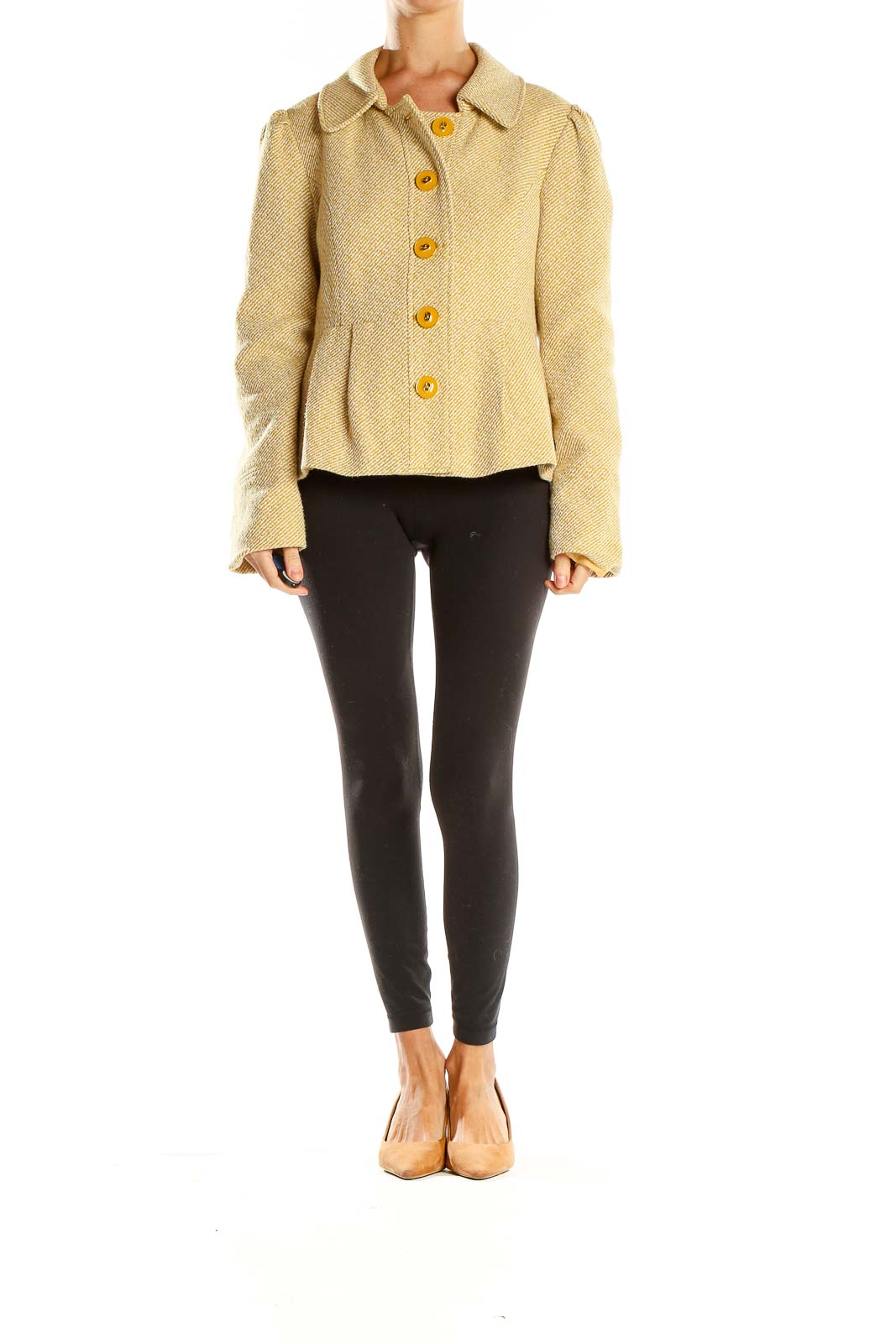 Front view of Tabitha beige textured button-up jacket with yellow buttons