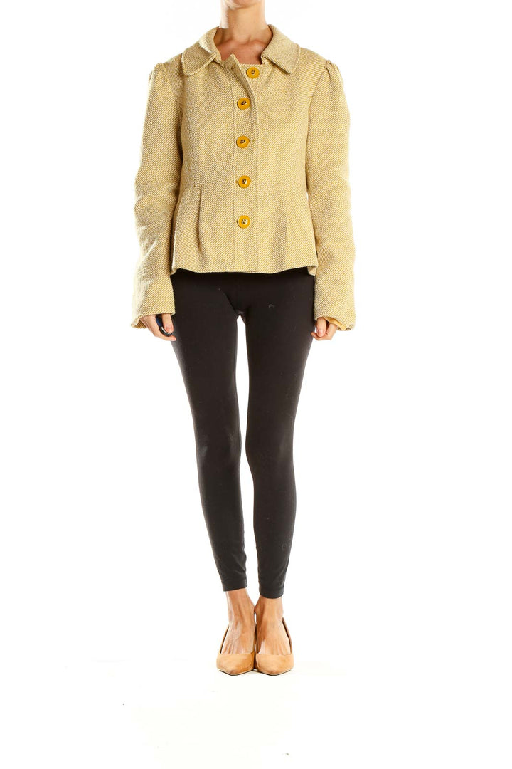 Front view of Tabitha beige textured button-up jacket with yellow buttons