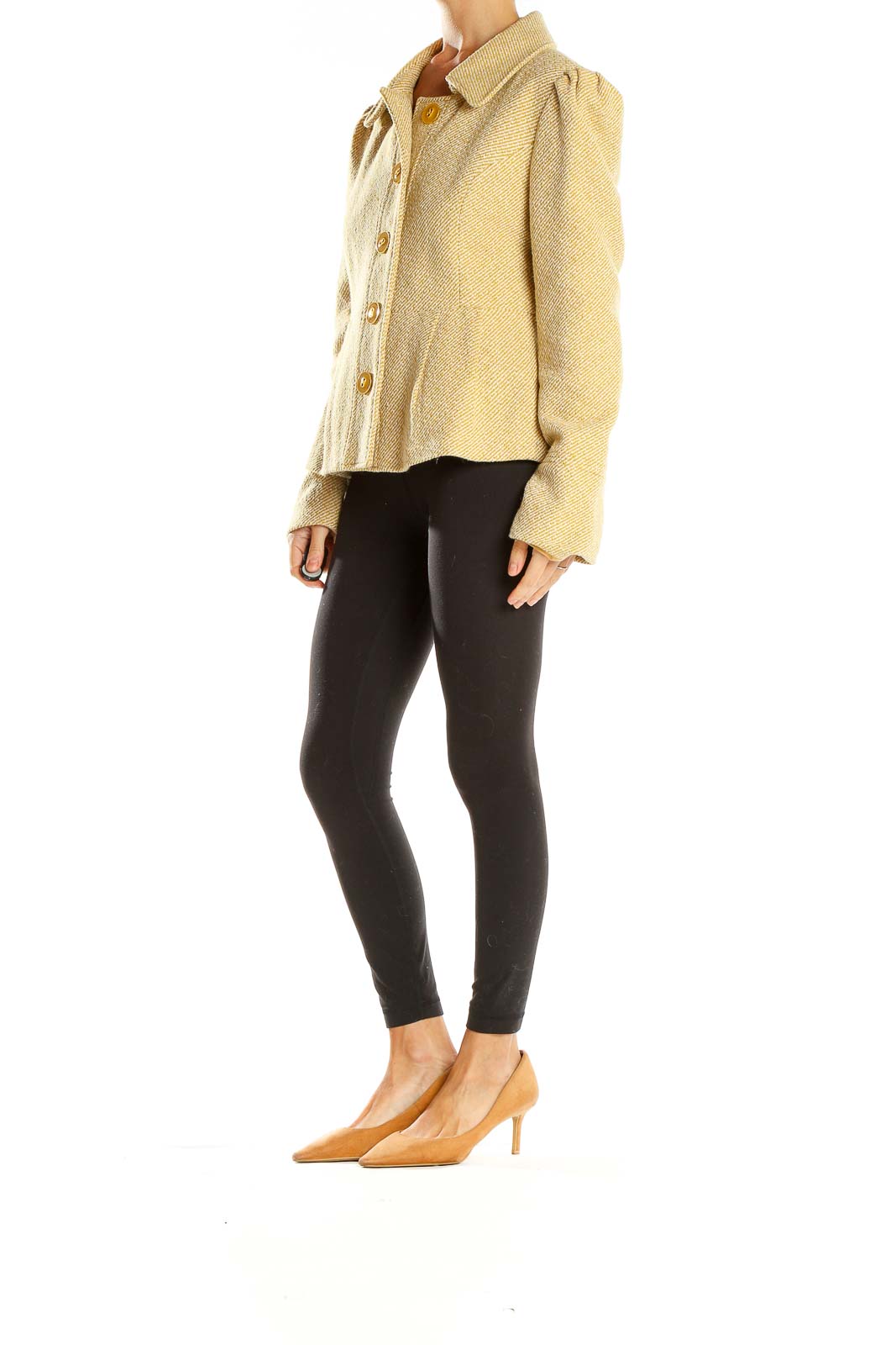 Front view of Tabitha beige textured button-up jacket with yellow buttons