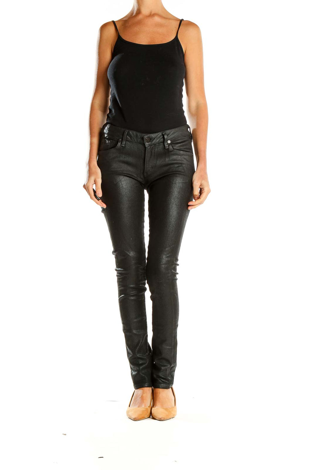 Front view of Citizens of Humanity black coated skinny jeans on model