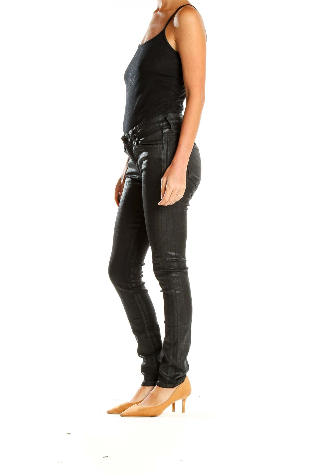 Front view of Citizens of Humanity black coated skinny jeans on model