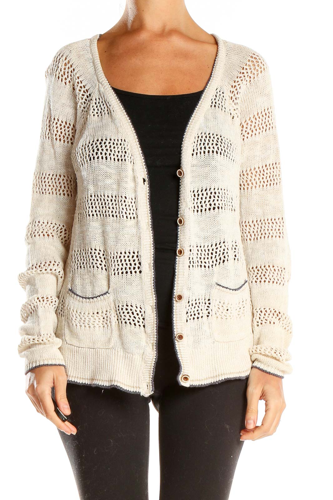 Front view of Lucky Brand cream striped open-knit cardigan with button closure