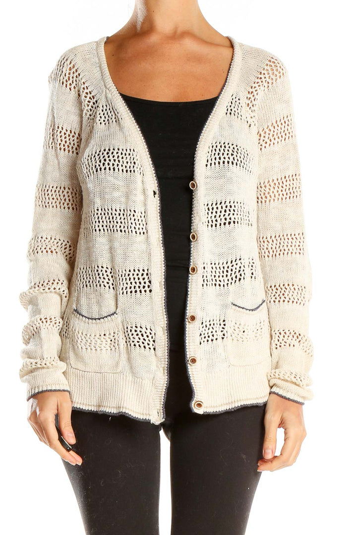 Front view of Lucky Brand cream striped open-knit cardigan with button closure