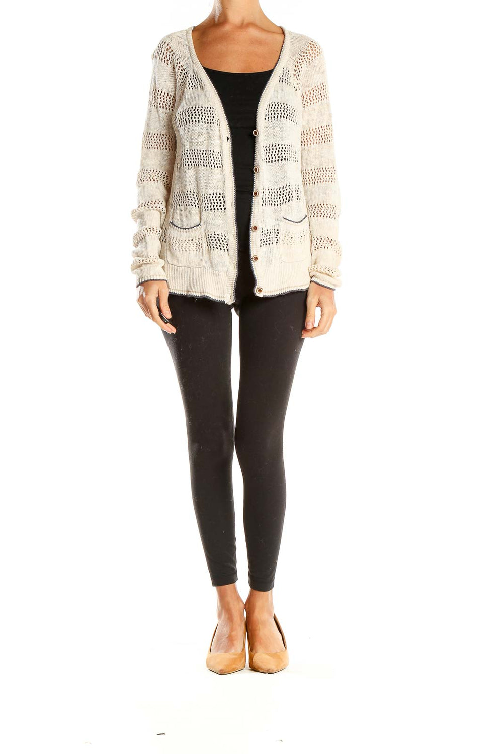 Front view of Lucky Brand cream striped open-knit cardigan with button closure