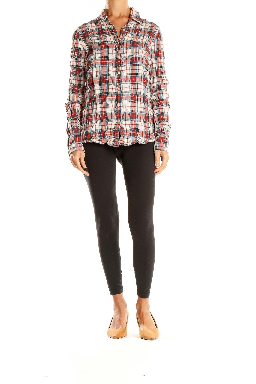 Front view of J.Crew red plaid cotton button-down shirt on model