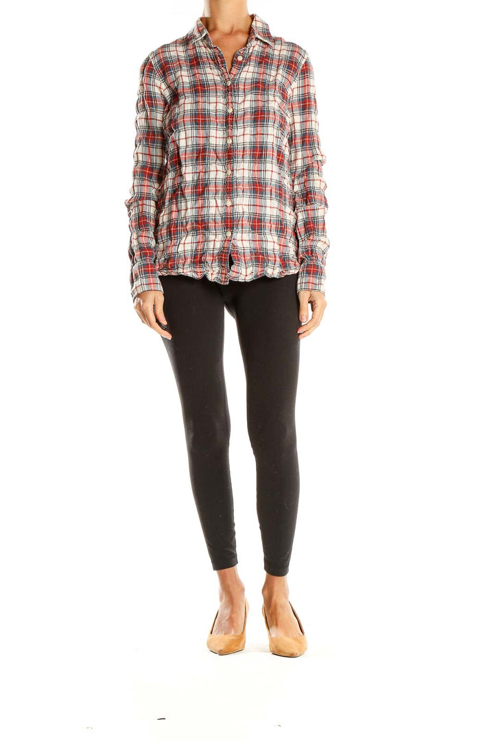 Front view of J.Crew red plaid cotton button-down shirt on model