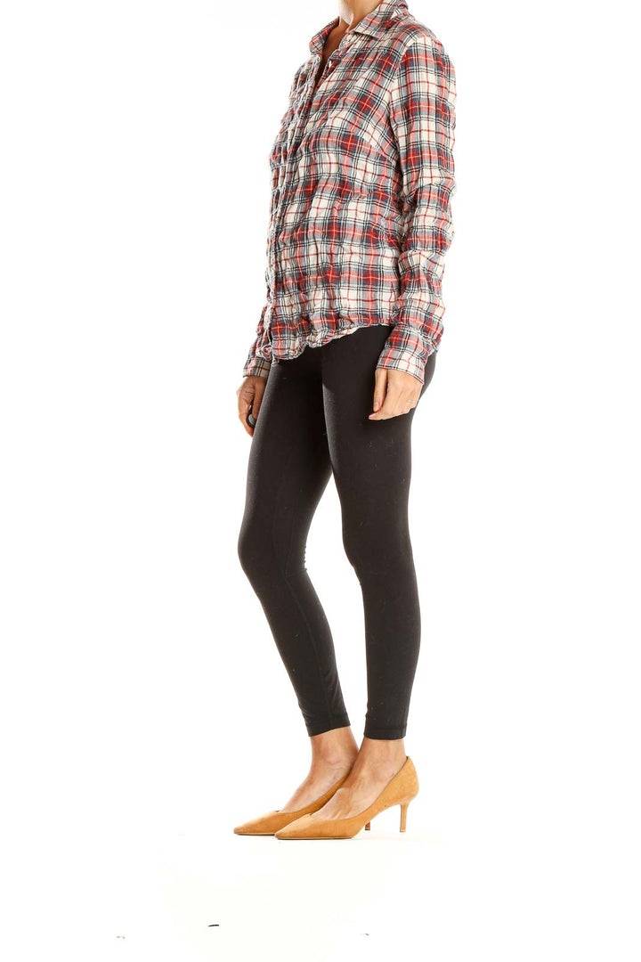 Front view of J.Crew red plaid cotton button-down shirt on model