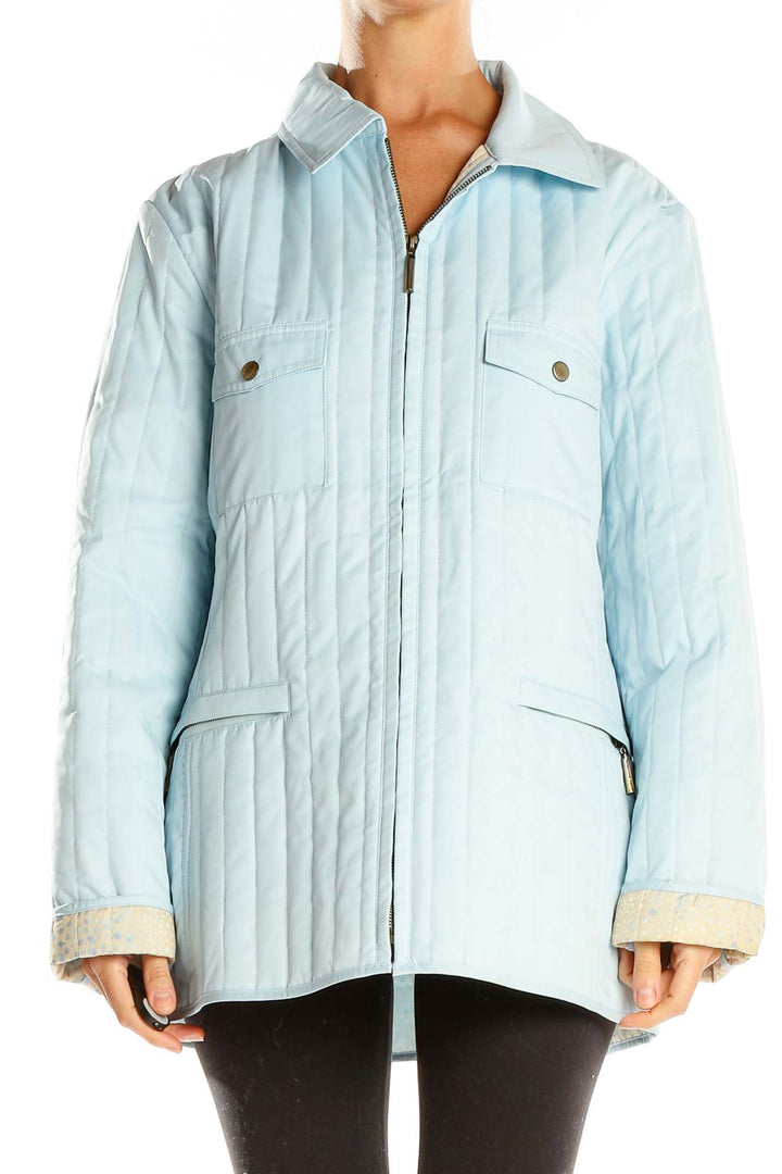 Front view of Dana Buchman light blue quilted zip-up jacket