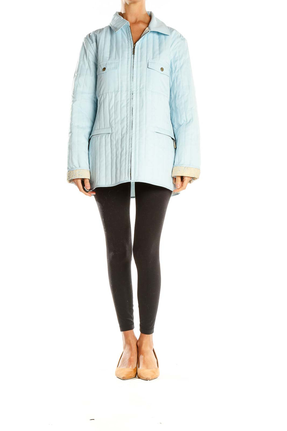 Front view of Dana Buchman light blue quilted zip-up jacket