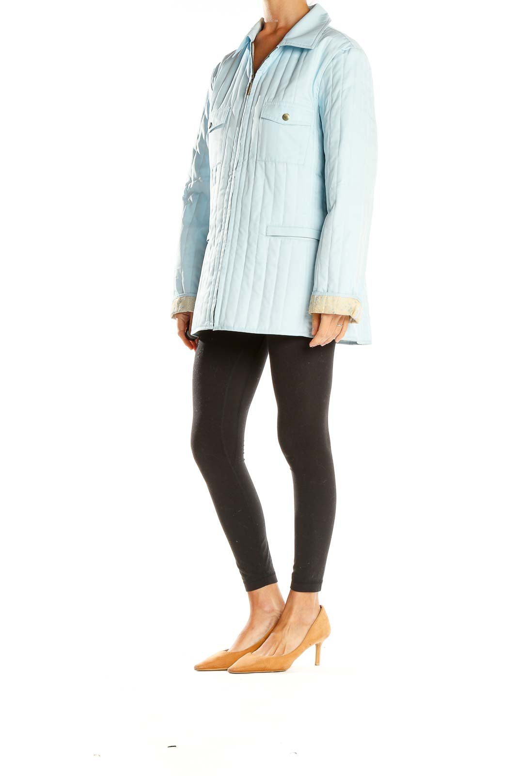 Front view of Dana Buchman light blue quilted zip-up jacket