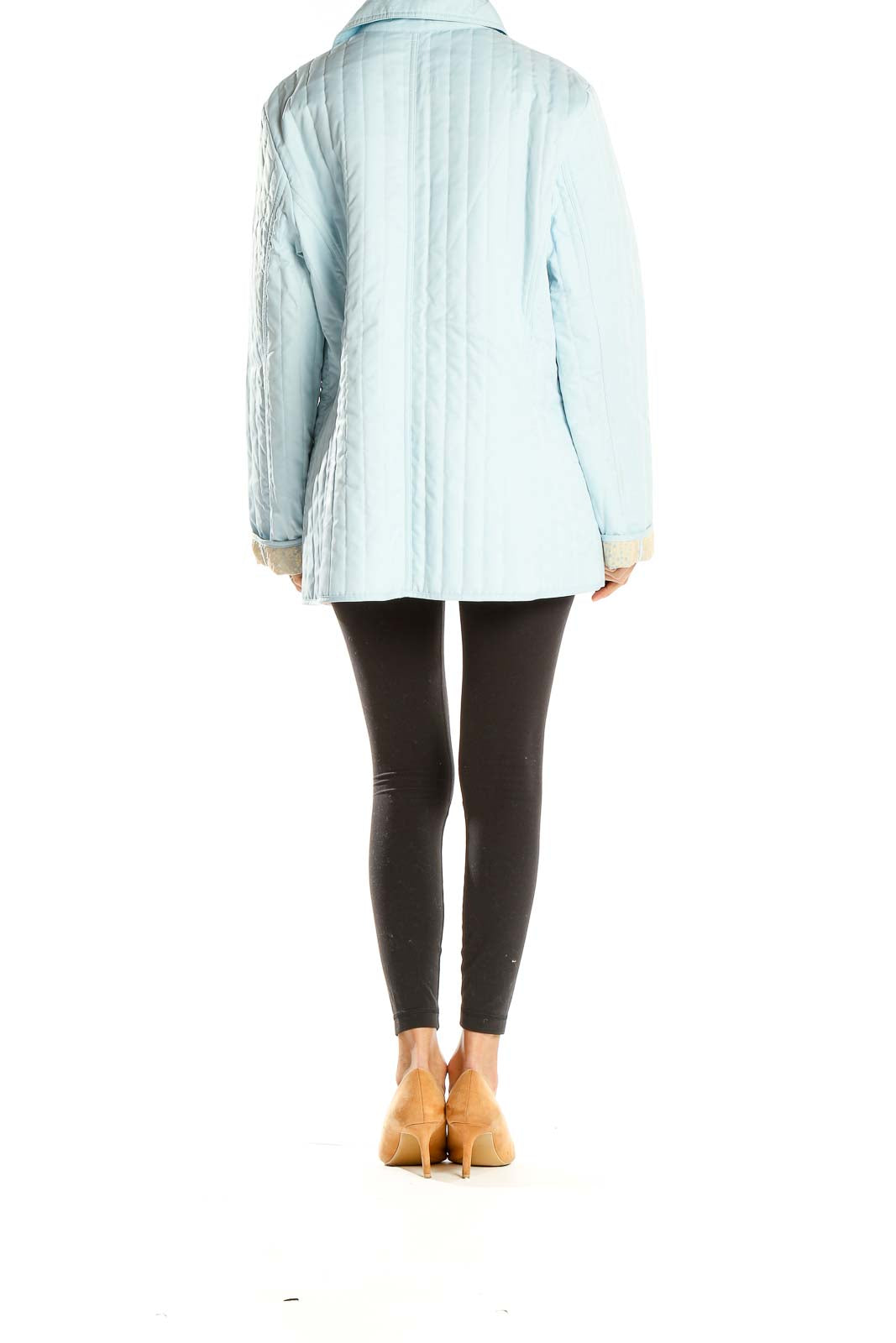 Side view of Dana Buchman light blue quilted zip-up jacket on model