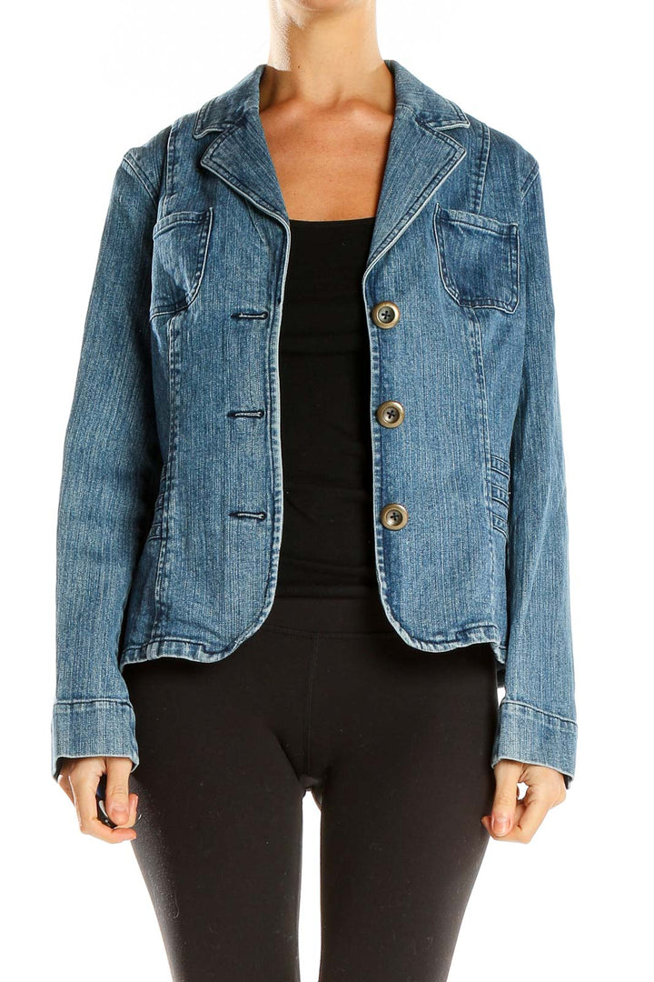 Front view of Relativity blue denim blazer-style jacket on model