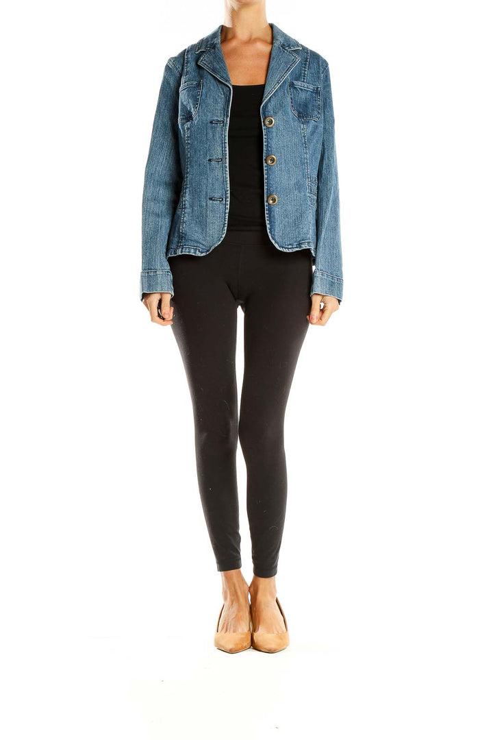 Front view of Relativity blue denim blazer-style jacket on model