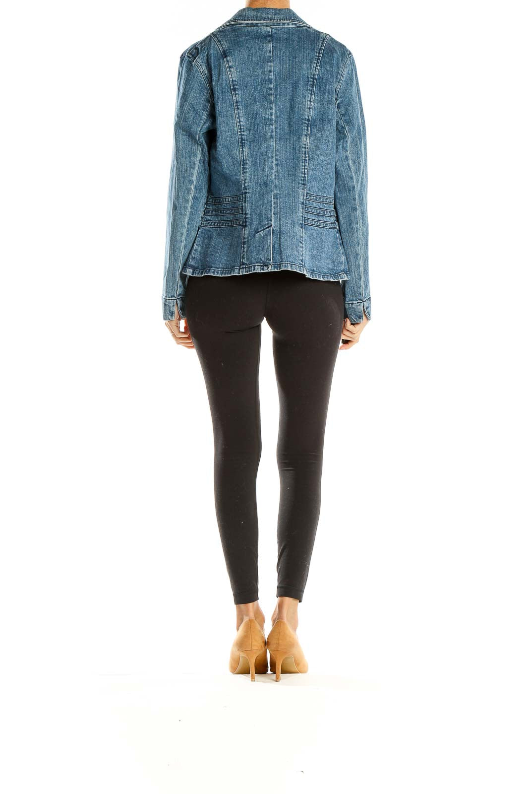 Side view of Relativity blue denim blazer-style jacket on model with black outfit