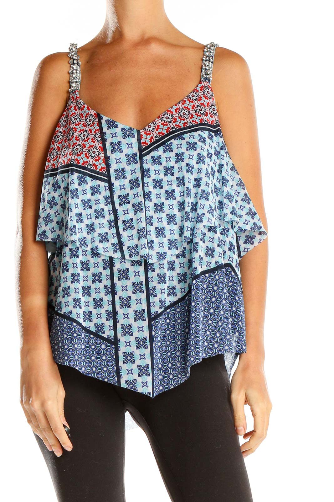 Front view of INC XL layered tank top with blue and red patterns and rhinestone straps