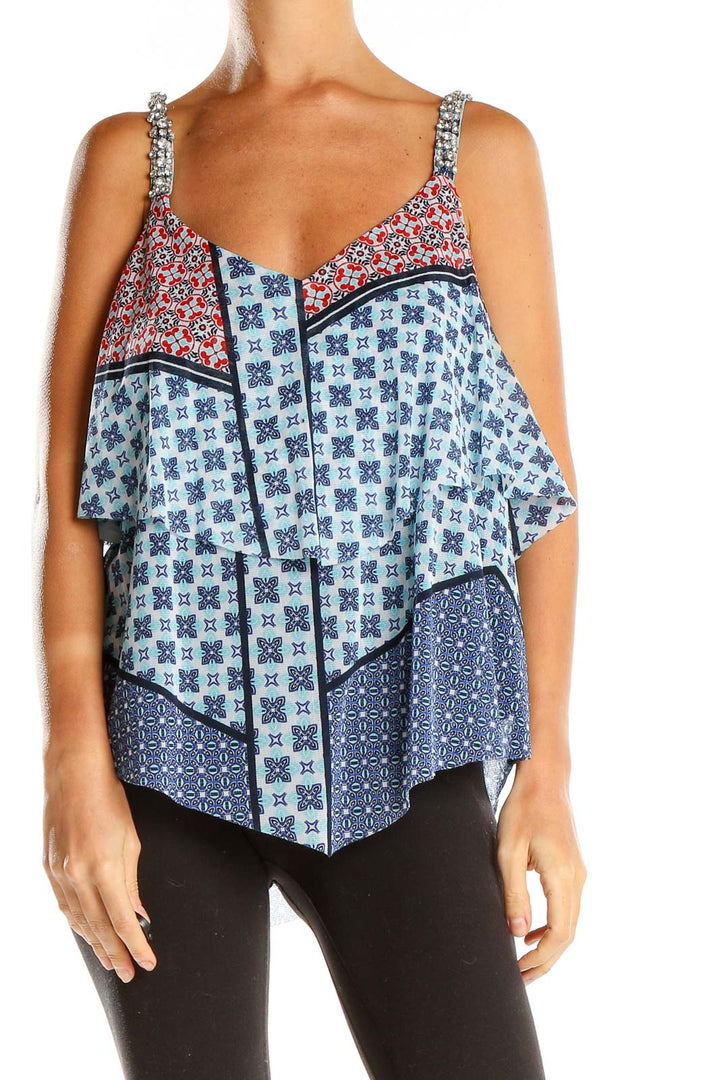 Front view of INC XL layered tank top with blue and red patterns and rhinestone straps