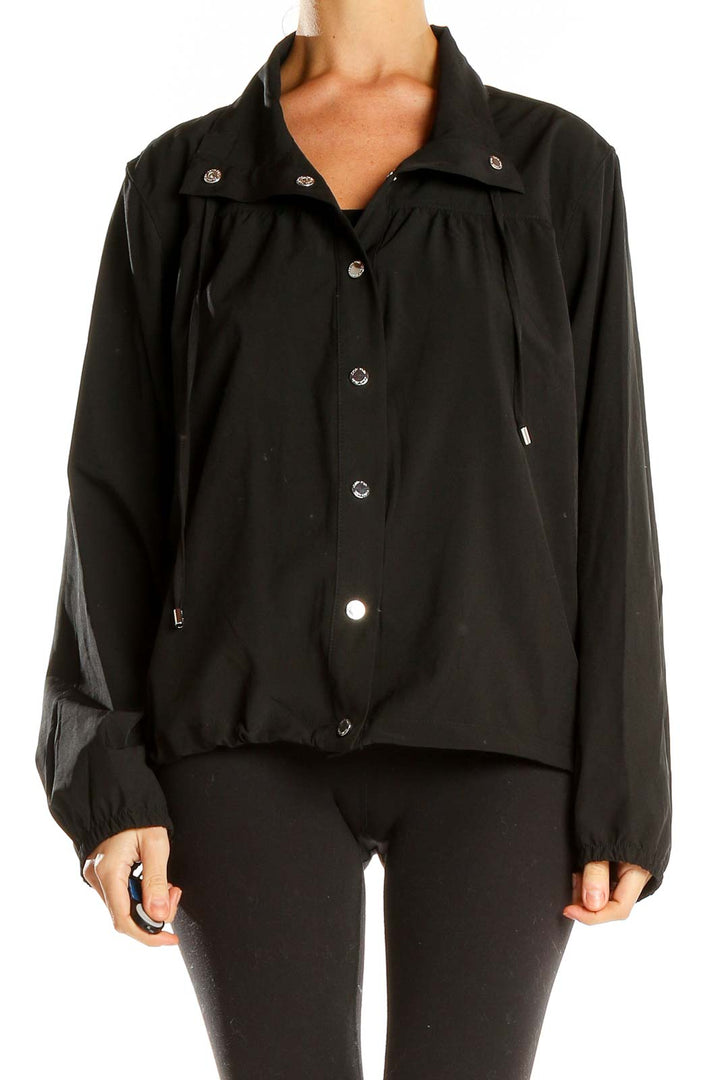 Front view of black Calvin Klein lightweight zip-up jacket