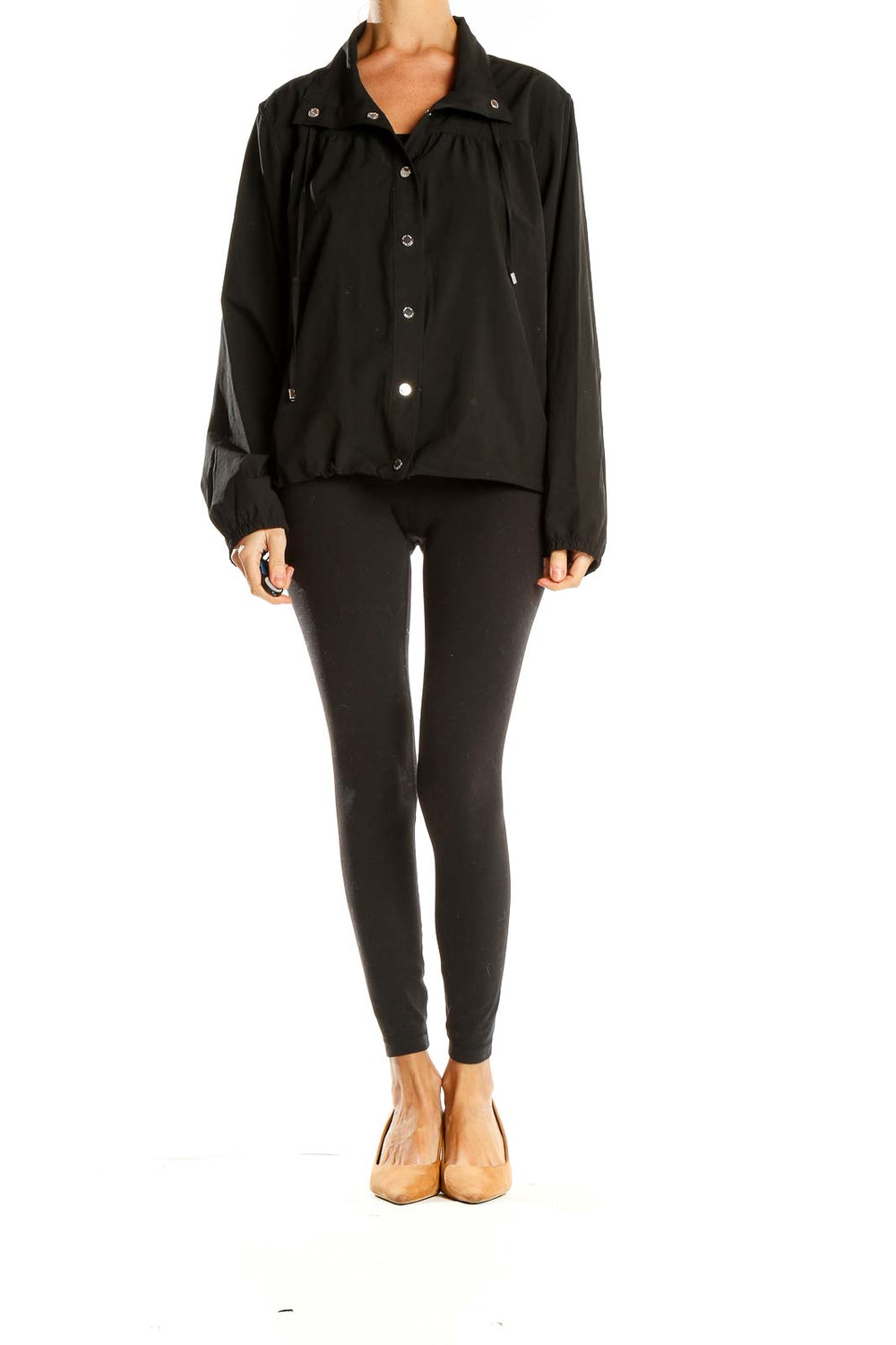 Front view of black Calvin Klein lightweight zip-up jacket