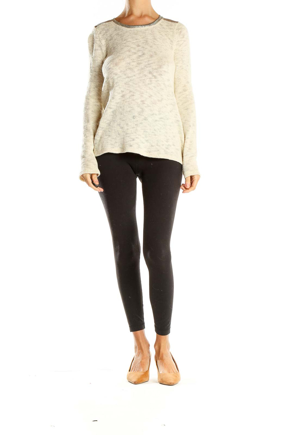 Front view of cream Amadi knit sweater with metallic trim neckline