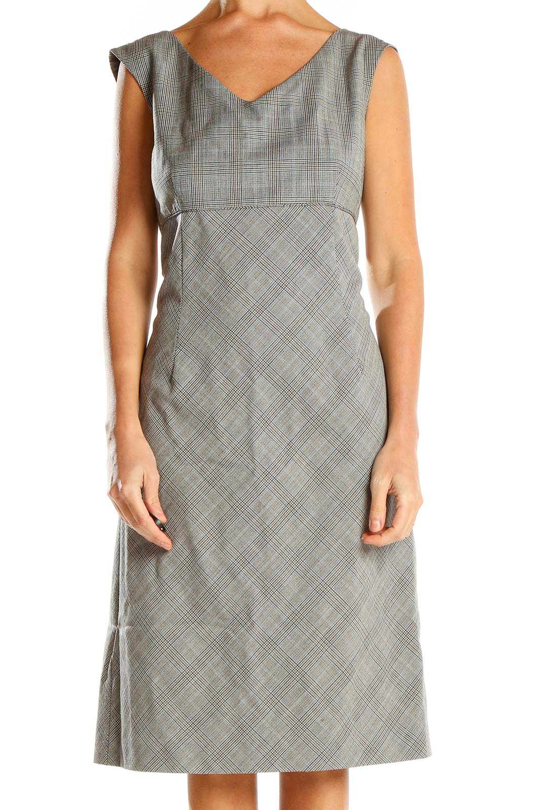Ann Taylor Gray Plaid V-Neck Midi Dress Elegant Professional