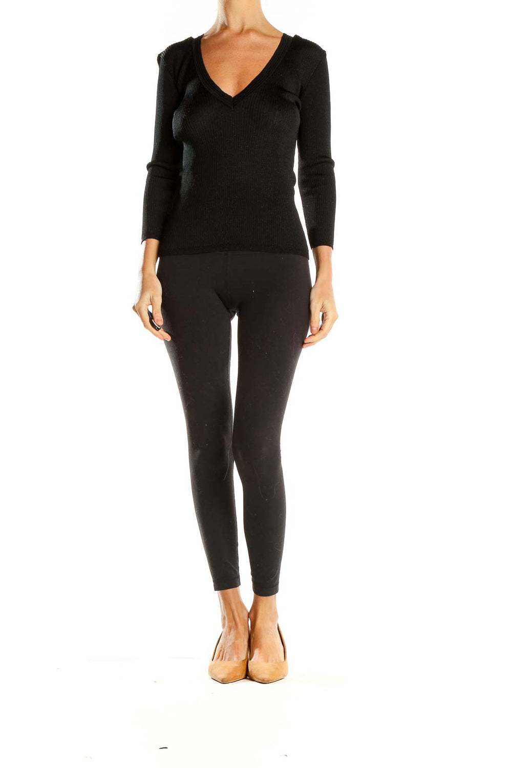 Front view of ICB black V-neck ribbed knit sweater on model
