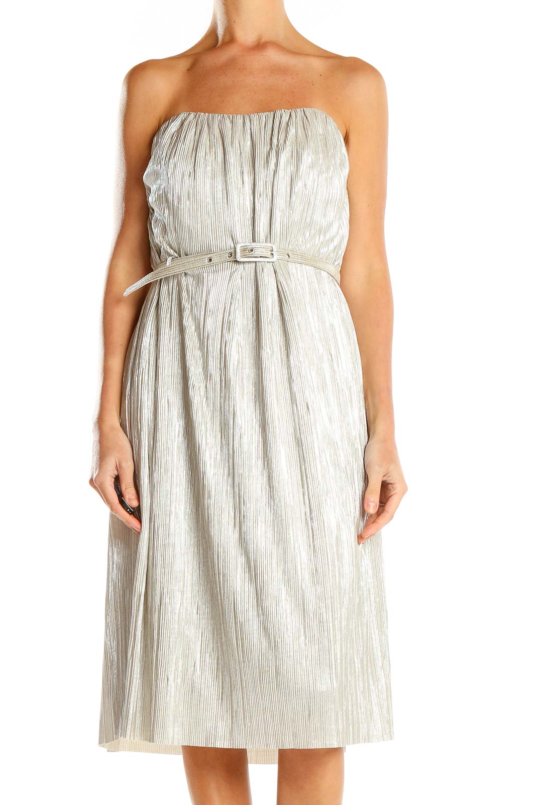 French Connection Silver Strapless Pleated Midi Dress