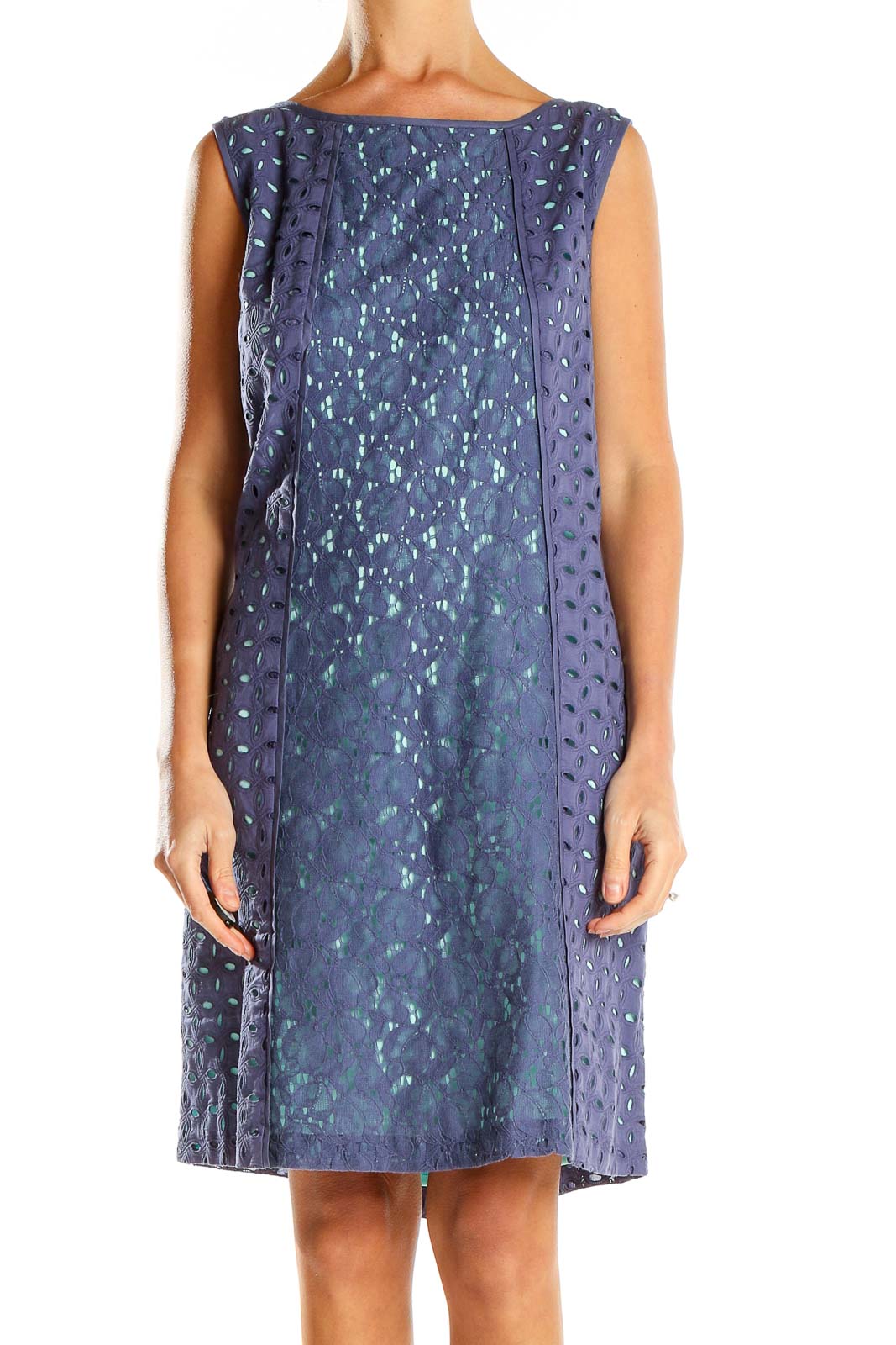 Front view of Navy Nine West sleeveless shift dress with floral pattern