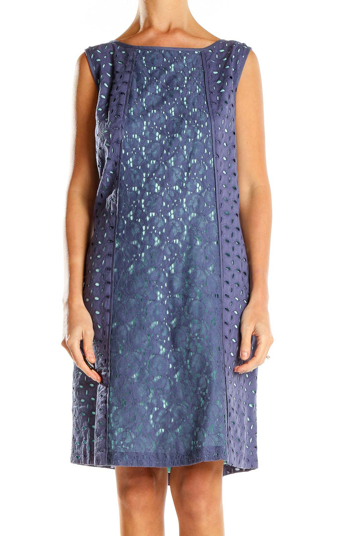 Front view of Navy Nine West sleeveless shift dress with floral pattern