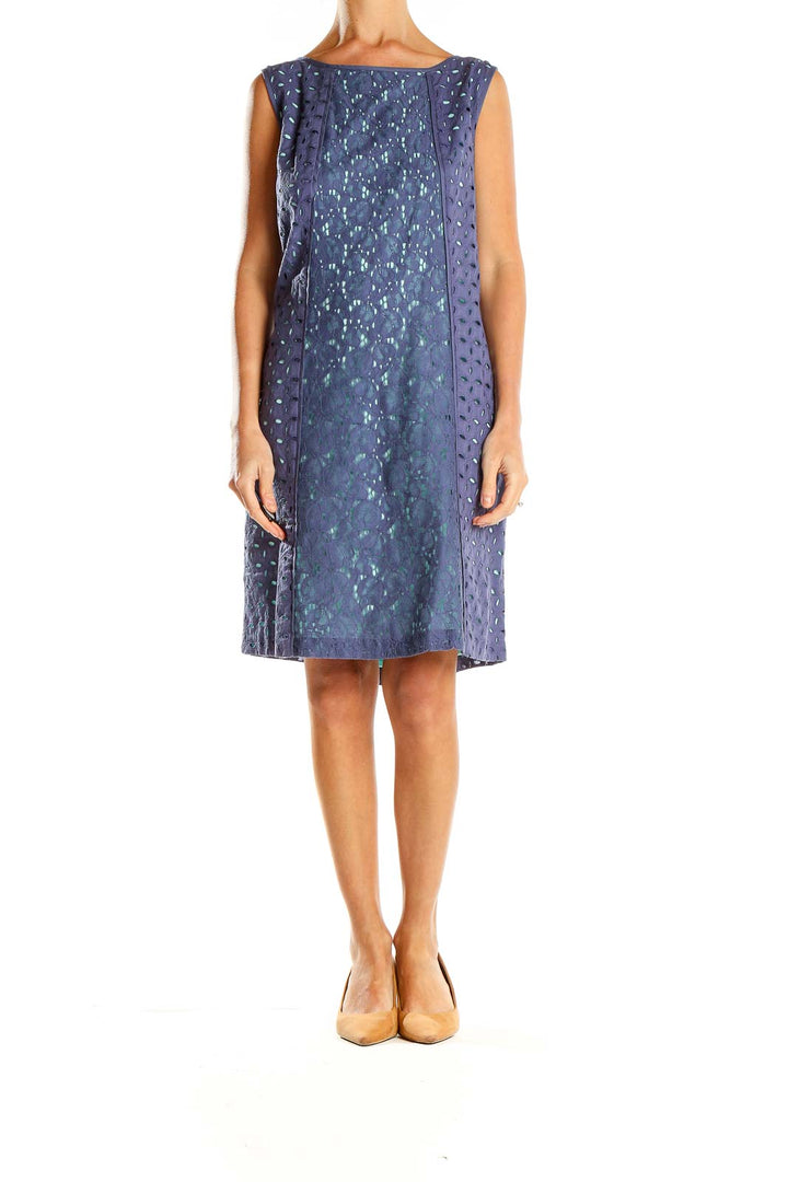 Front view of Navy Nine West sleeveless shift dress with floral pattern