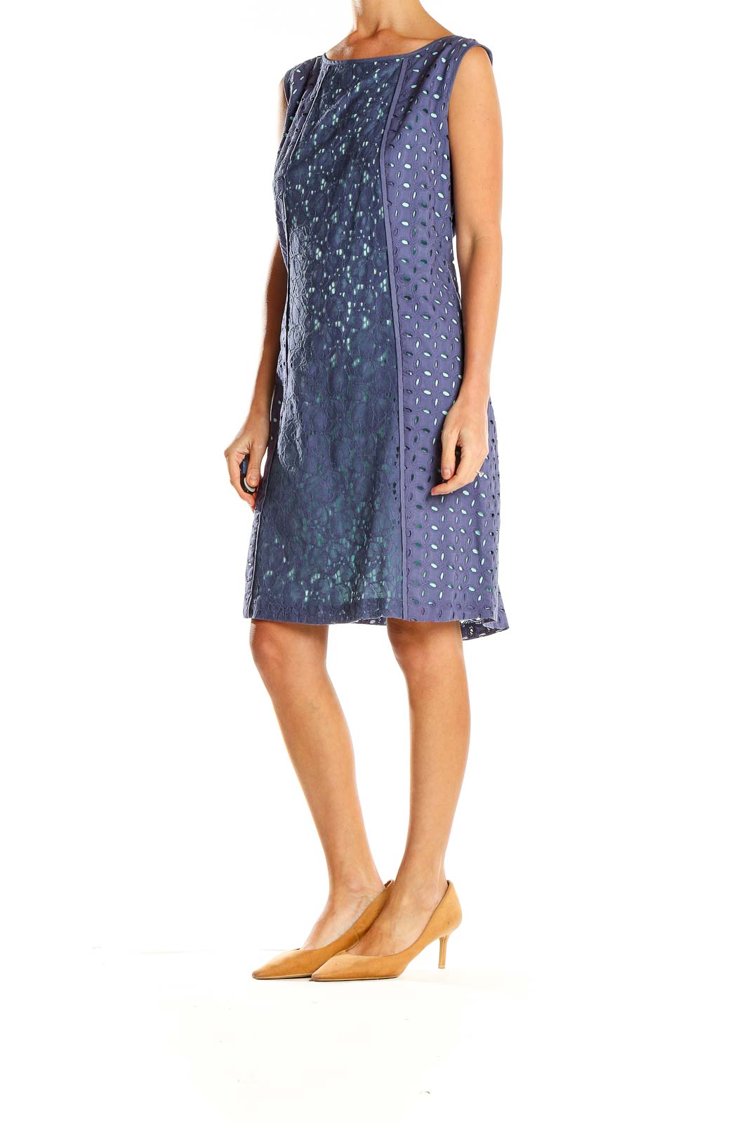 Front view of Navy Nine West sleeveless shift dress with floral pattern