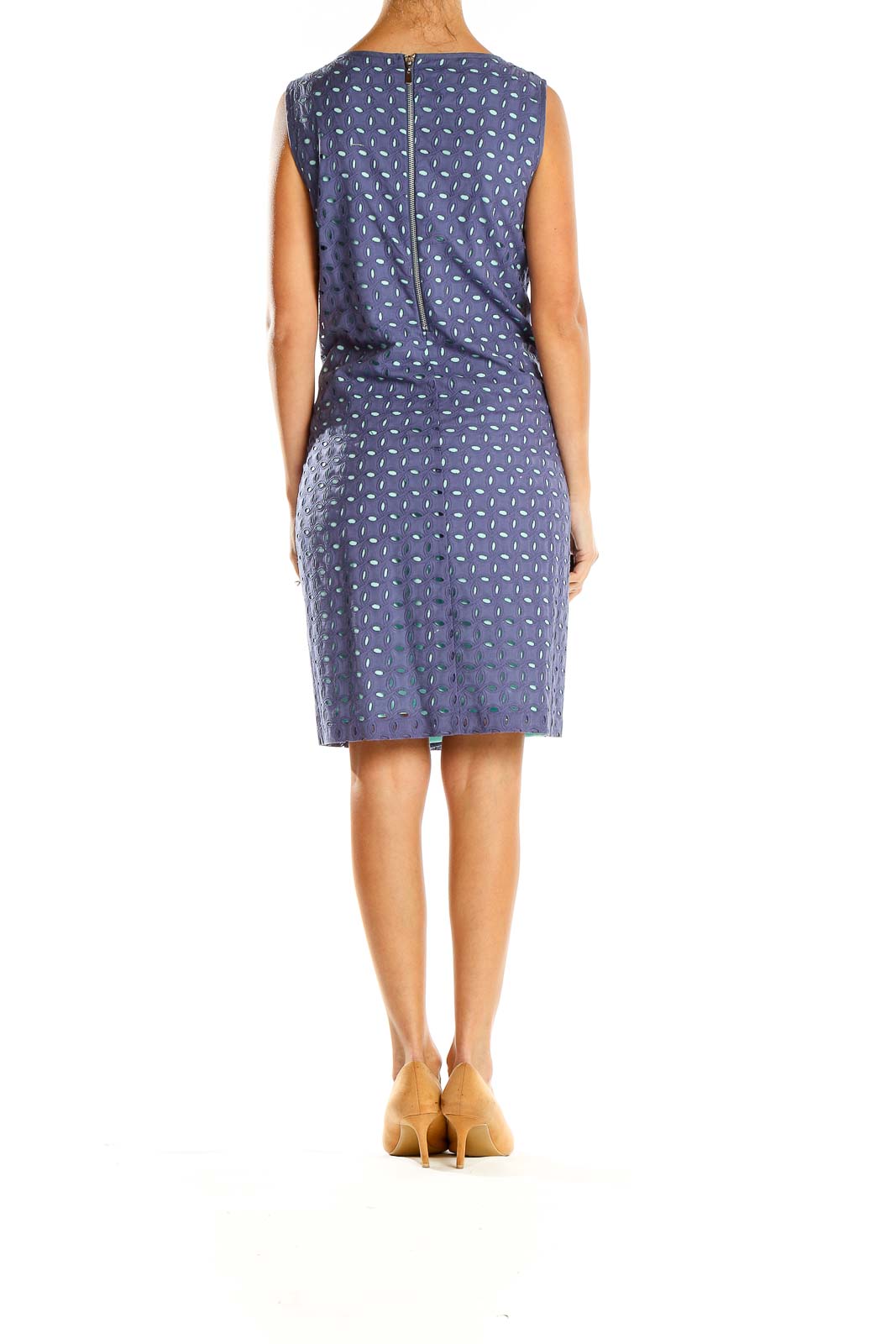 Back view of Navy Nine West sleeveless shift dress showing cutout details