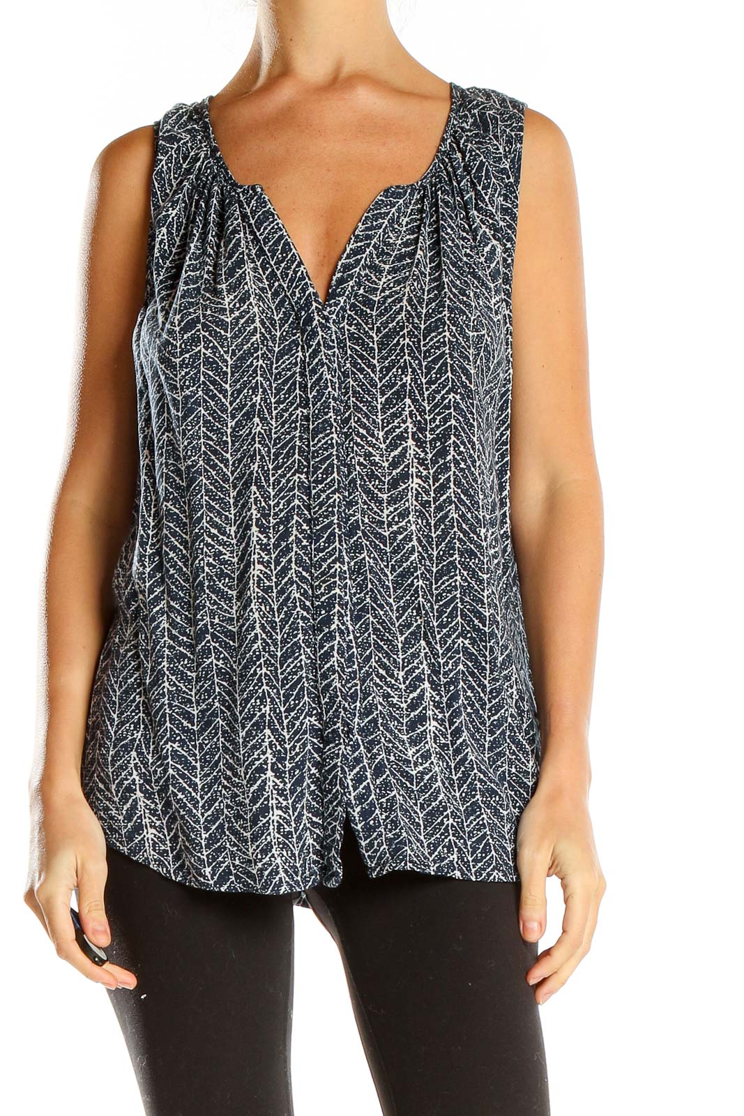 Front view of Willi Smith black herringbone print sleeveless blouse with V-neck