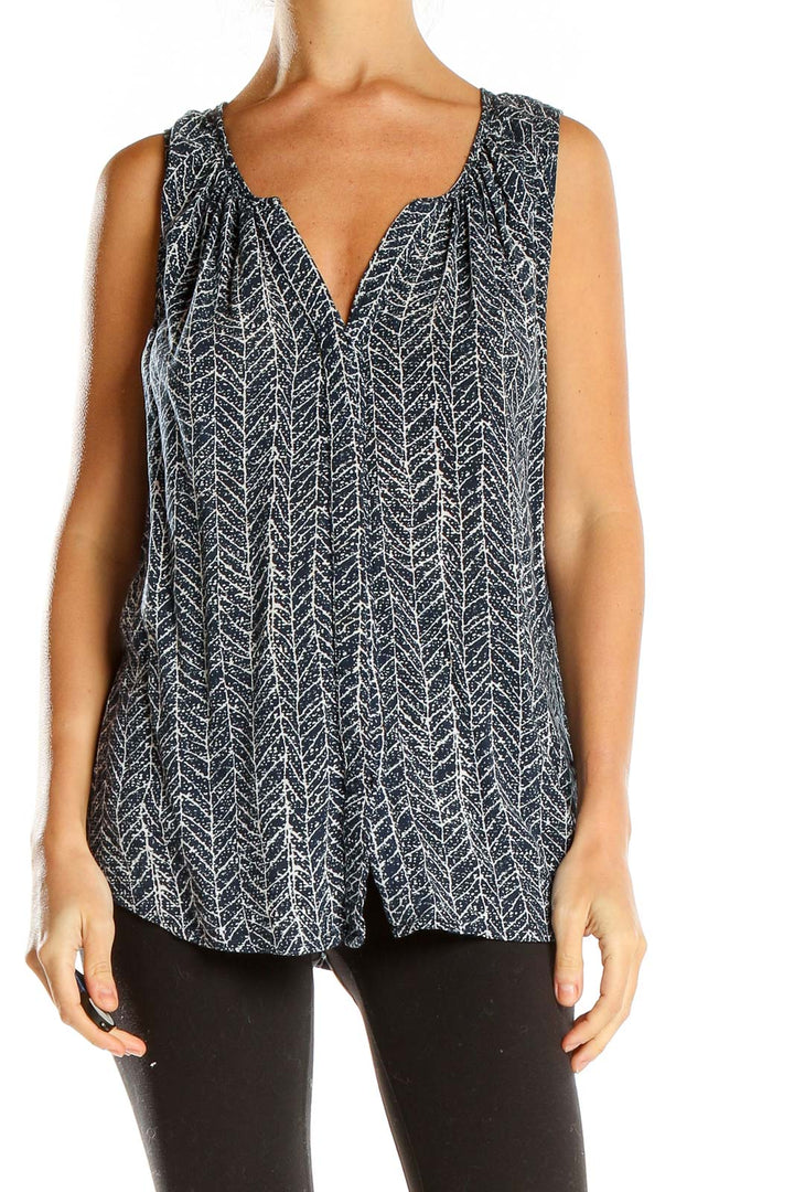 Front view of Willi Smith black herringbone print sleeveless blouse with V-neck