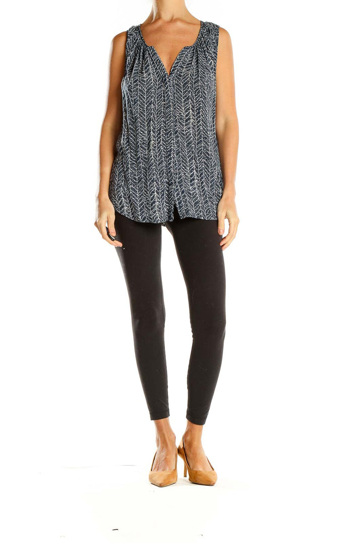 Front view of Willi Smith black herringbone print sleeveless blouse with V-neck