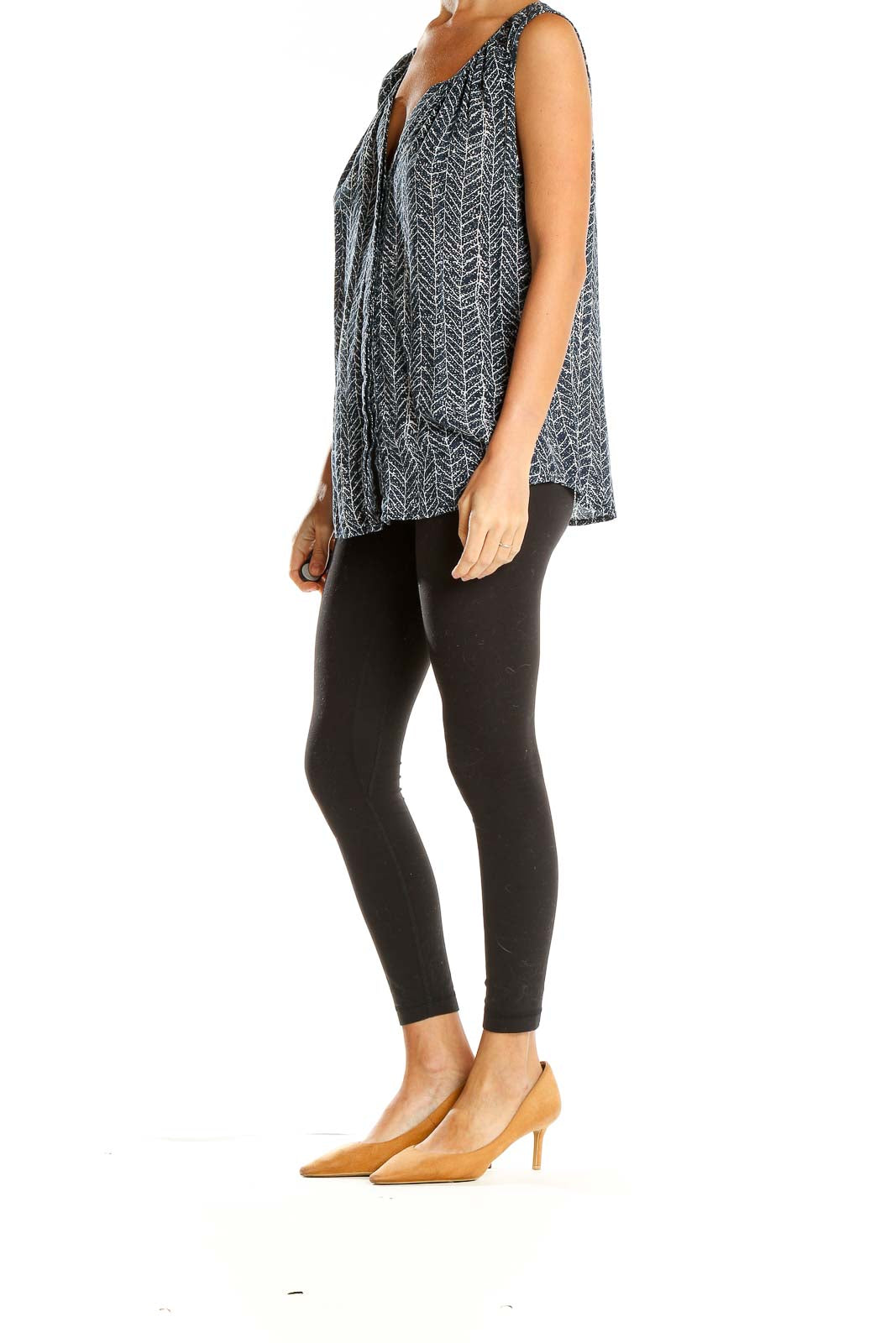 Front view of Willi Smith black herringbone print sleeveless blouse with V-neck