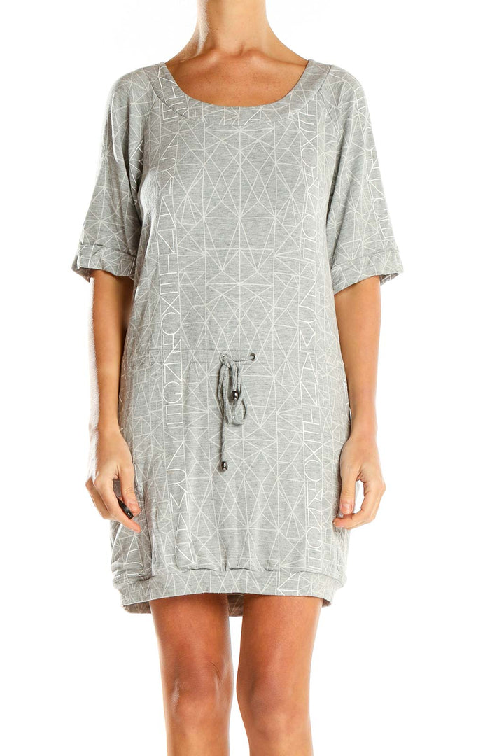 Front view of Armani Exchange gray dress with geometric print and drawstring waist