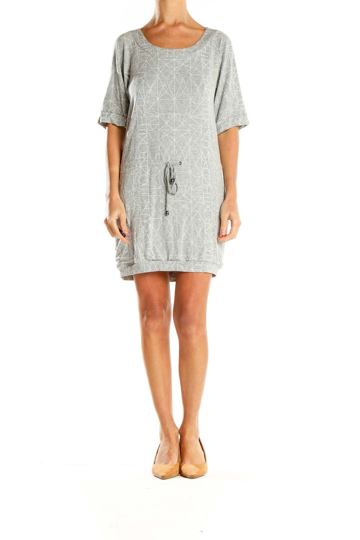Front view of Armani Exchange gray dress with geometric print and drawstring waist