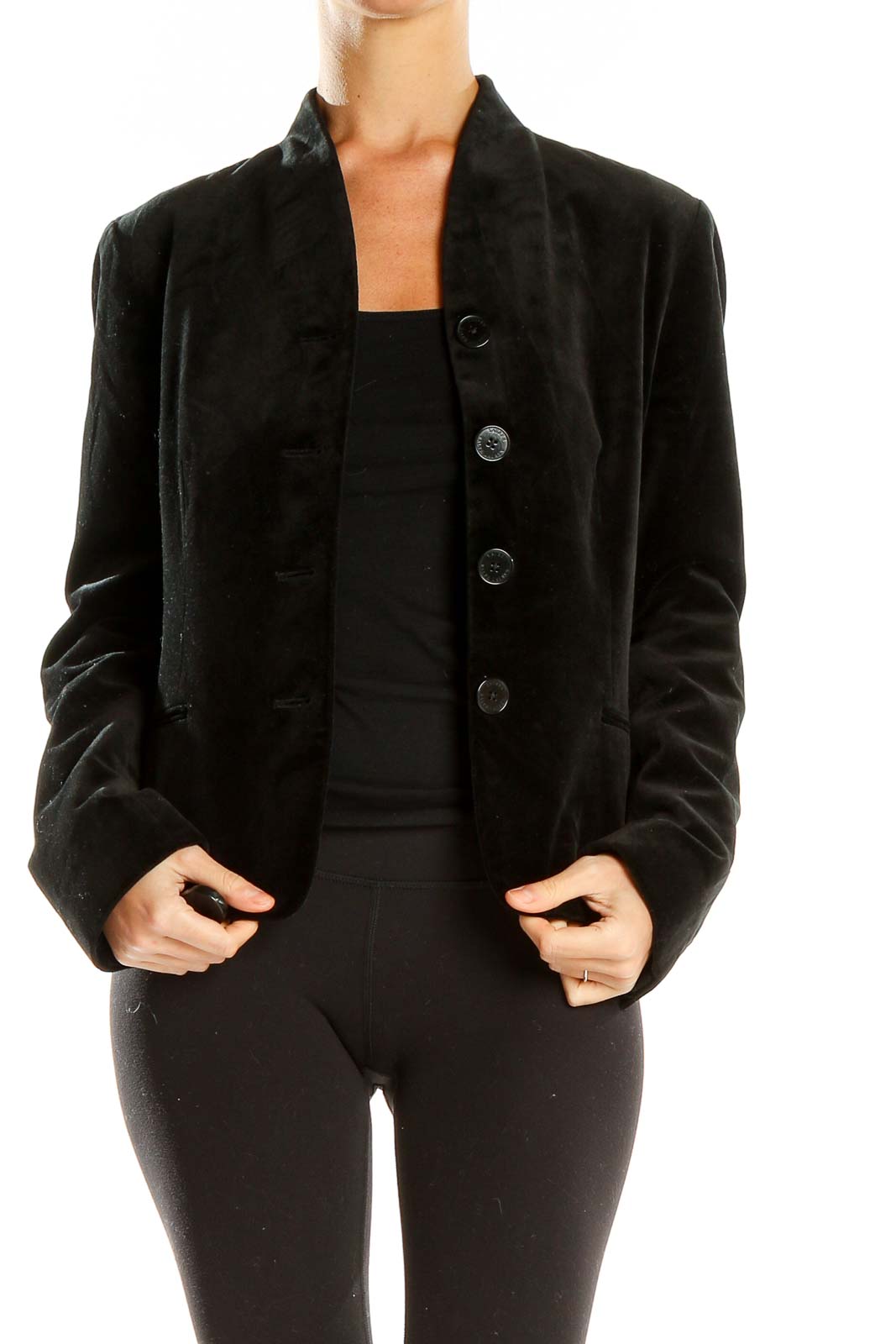 Front view of Lauren Ralph Lauren black velvet button-up jacket
