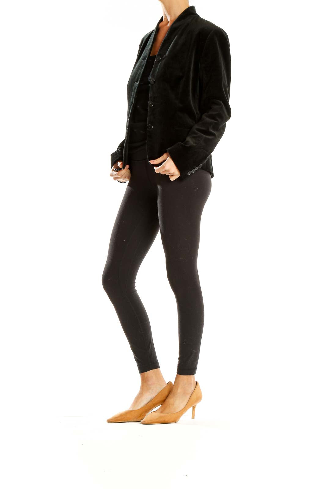Front view of Lauren Ralph Lauren black velvet button-up jacket